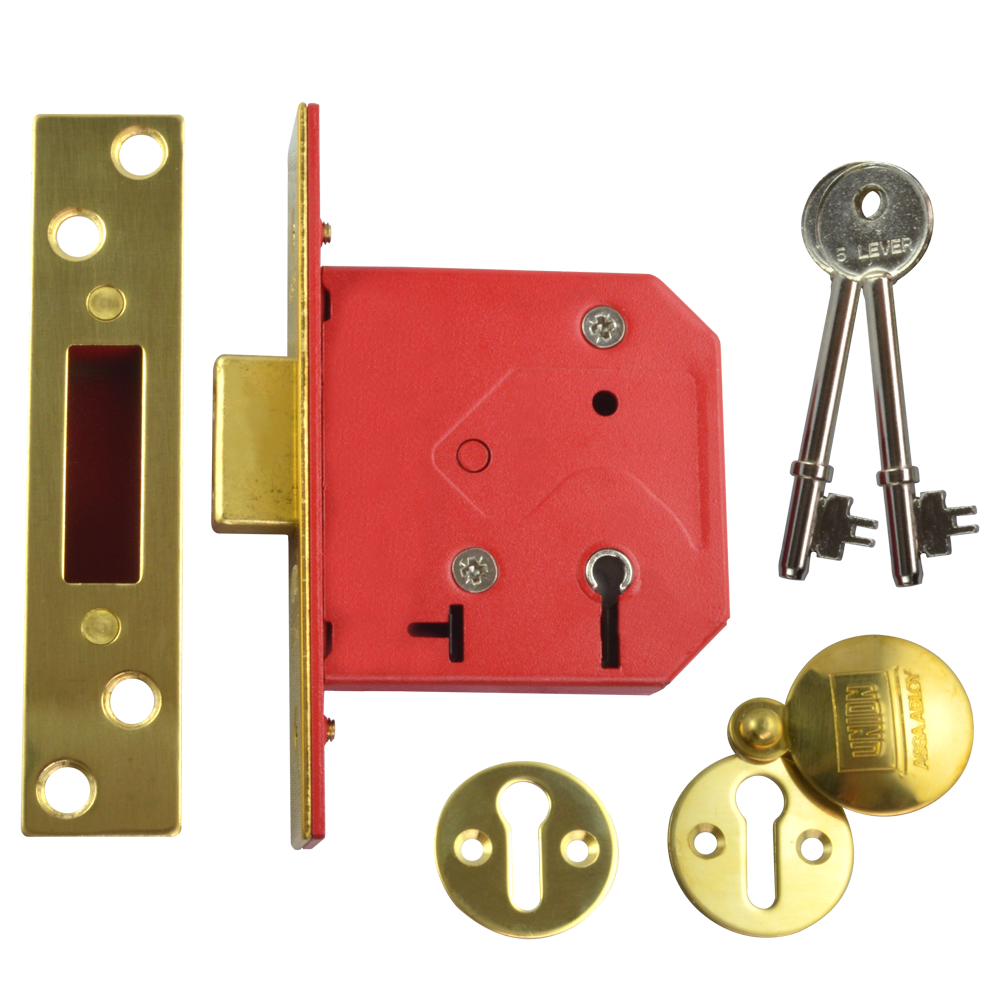 UNION 2101 5 Lever Deadlock 75mm Keyed To Differ - Polished Lacquered Brass