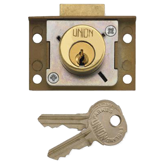 UNION 4138 Cylinder Springbolt Cupboard / Till Lock 50mm Keyed To Differ - Polished Lacquered Brass