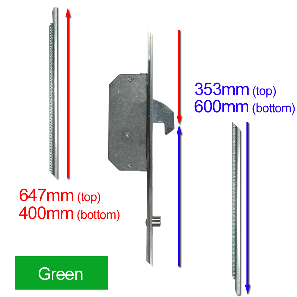 ASEC Modular Repair Lock Locking Point Extensions (UPVC Door) - 2 Hook & 2 Roller Green Supplied With Keeps