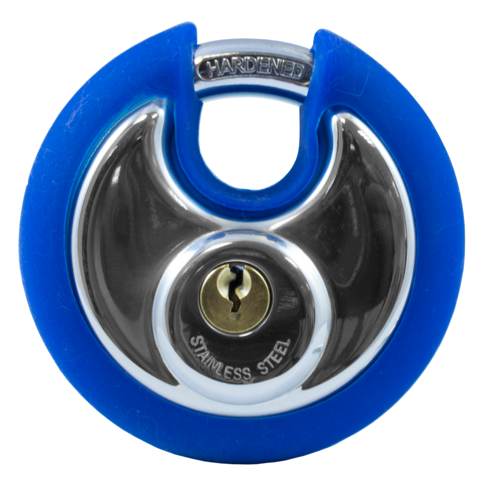 Asec Coloured Discus Padlock Blue Bumper - Chrome Plated - Blue Bumper