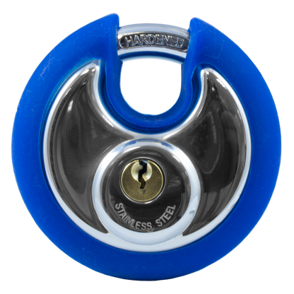 Asec Coloured Discus Padlock Blue Bumper - Chrome Plated - Blue Bumper