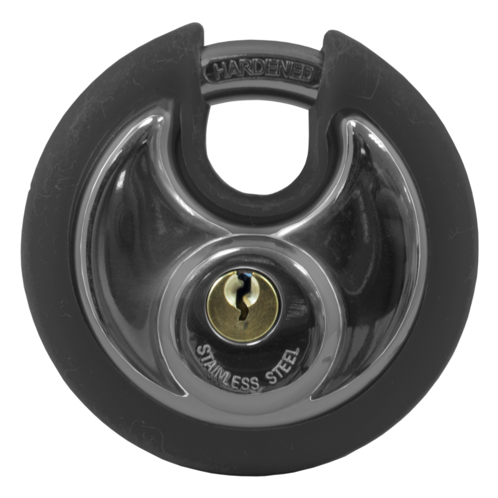 Asec Coloured Discus Padlock Black Bumper - Chrome Plated - Black Bumper