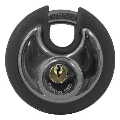 Asec Coloured Discus Padlock Black Bumper - Chrome Plated - Black Bumper