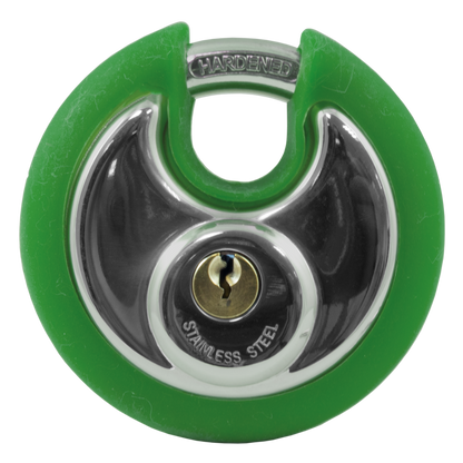 Asec Coloured Discus Padlock Green Bumper - Chrome Plated - Green Bumper