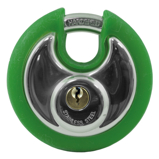 Asec Coloured Discus Padlock Green Bumper - Chrome Plated - Green Bumper