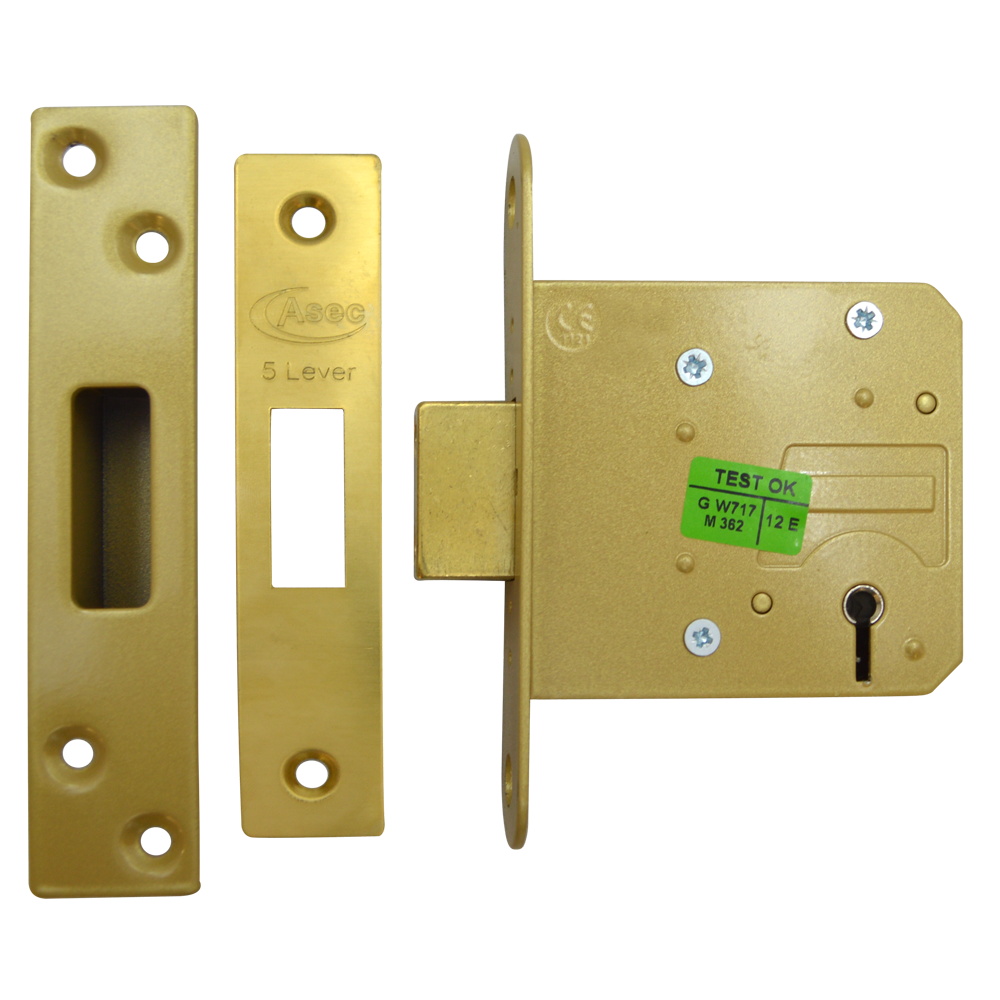 ASEC 5 Lever Deadlock 76mm Keyed To Differ Pro - Polished Brass