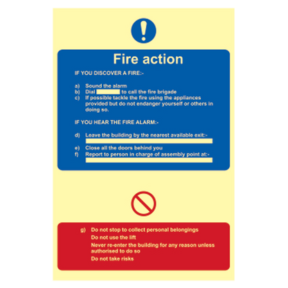 ASEC Photoluminescent Fire Action Procedure Sign 200mm x 300mm 200mm x 300mm - Photoluminescent