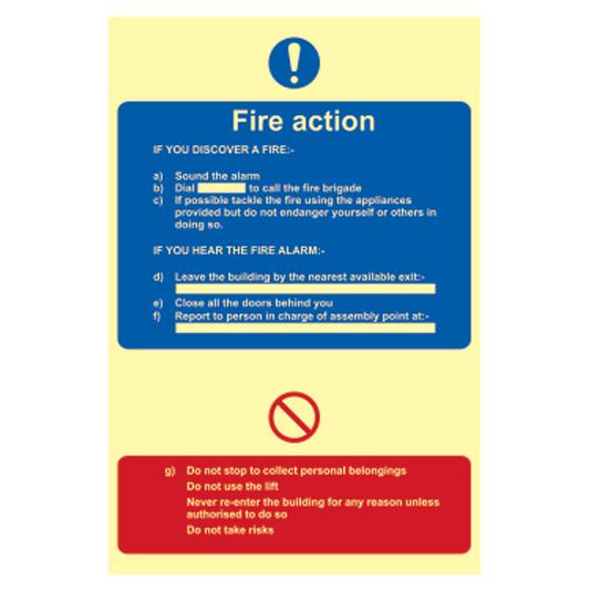 ASEC Photoluminescent Fire Action Procedure Sign 200mm x 300mm 200mm x 300mm - Photoluminescent