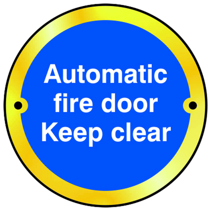 ASEC Sign Automatic Fire Door Keep Clear 75mm Polished Brass - Blue & White