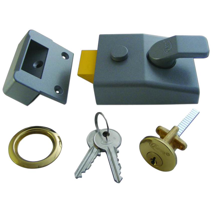 ASEC AS17 Non-Deadlocking Nightlatch 60mm Case Cyl - Dull Metal Grey Case & Polished Brass Cylinder