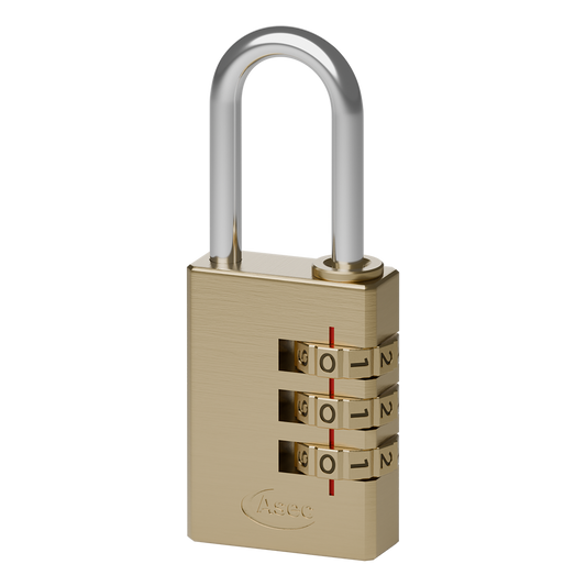 ASEC Brass Open Shackle Combination Padlock 20mm 3 Wheel Pro - Brass