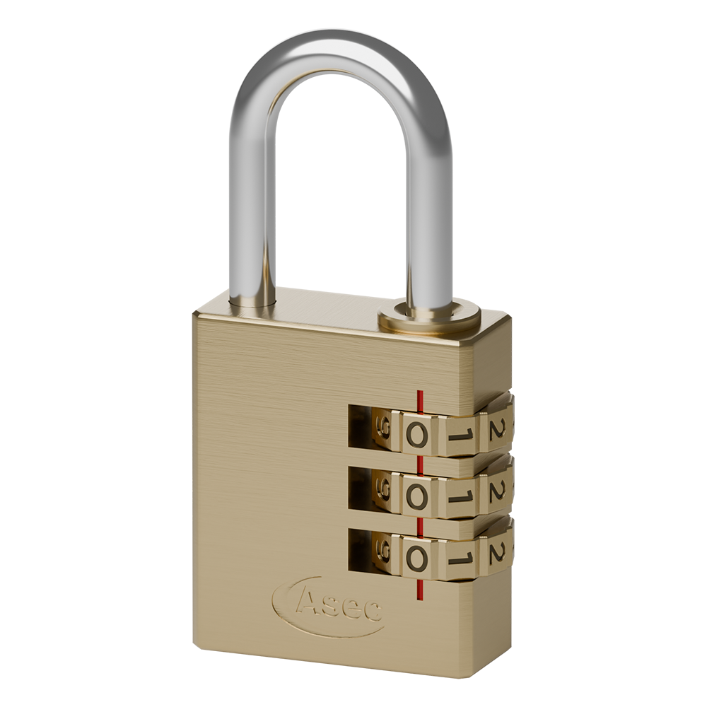 ASEC Brass Open Shackle Combination Padlock 30mm 3 Wheel Pro - Brass