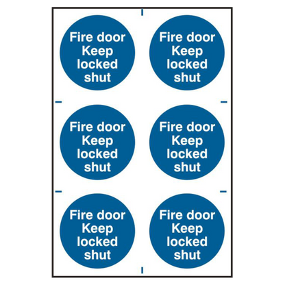 ASEC Fire Door Keep Locked Shut 200mm x 300mm PVC Self Adhesive Sign 6 Per Sheet - Blue & White