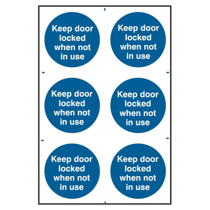 ASEC Keep Door Locked When Not In Use 200mm x 300mm PVC Self Adhesive Sign 6 Per Sheet - Blue & White