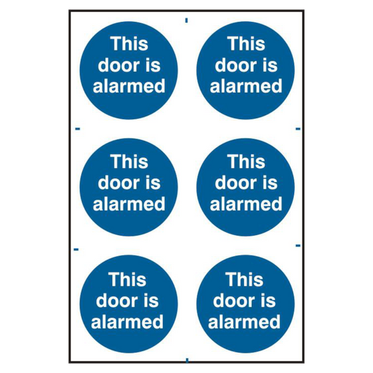 ASEC This Door Is Alarmed 200mm x 300mm PVC Self Adhesive Sign 6 Per Sheet - Blue & White