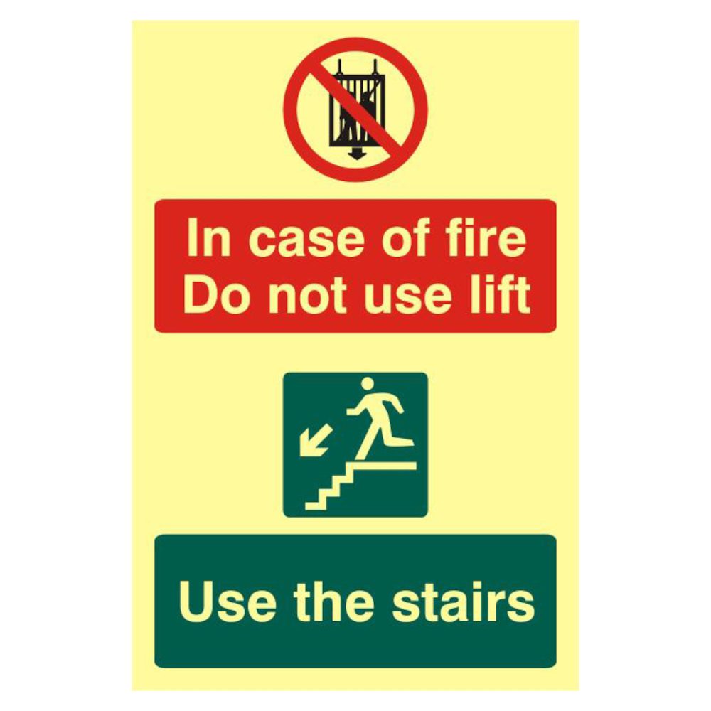 ASEC In Case Of Fire Do Not Use Lift 200mm x 300mm PVC Self Adhesive Photo luminescent Sign 1 Per Sheet