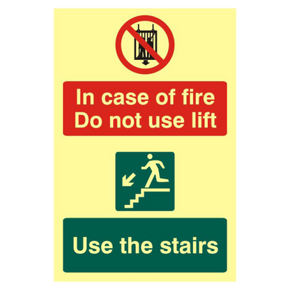 ASEC In Case Of Fire Do Not Use Lift 200mm x 300mm PVC Self Adhesive Photo luminescent Sign 1 Per Sheet