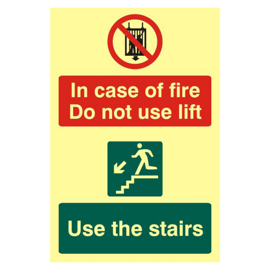 ASEC In Case Of Fire Do Not Use Lift 200mm x 300mm PVC Self Adhesive Photo luminescent Sign 1 Per Sheet