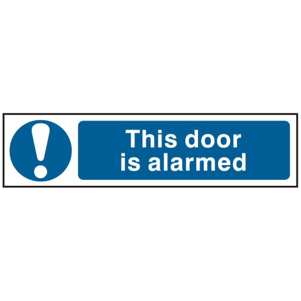 ASEC This Door Is Alarmed 200mm x 50mm PVC Self Adhesive Sign 1 Per Sheet - Blue & White