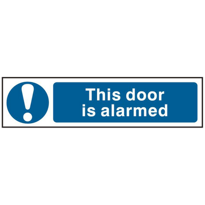 ASEC This Door Is Alarmed 200mm x 50mm PVC Self Adhesive Sign 1 Per Sheet - Blue & White