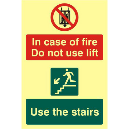 ASEC In Case Of Fire Do Not Use Lift 200mm x 300mm PVC Self Adhesive Photo luminescent Sign