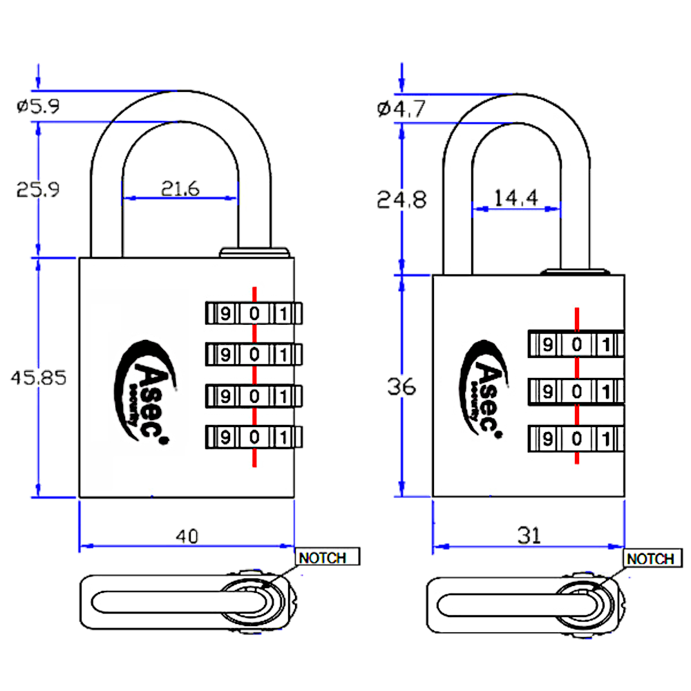 ASEC Coloured Aluminium Open Shackle Combination Padlock