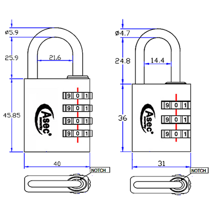 ASEC Coloured Aluminium Open Shackle Combination Padlock