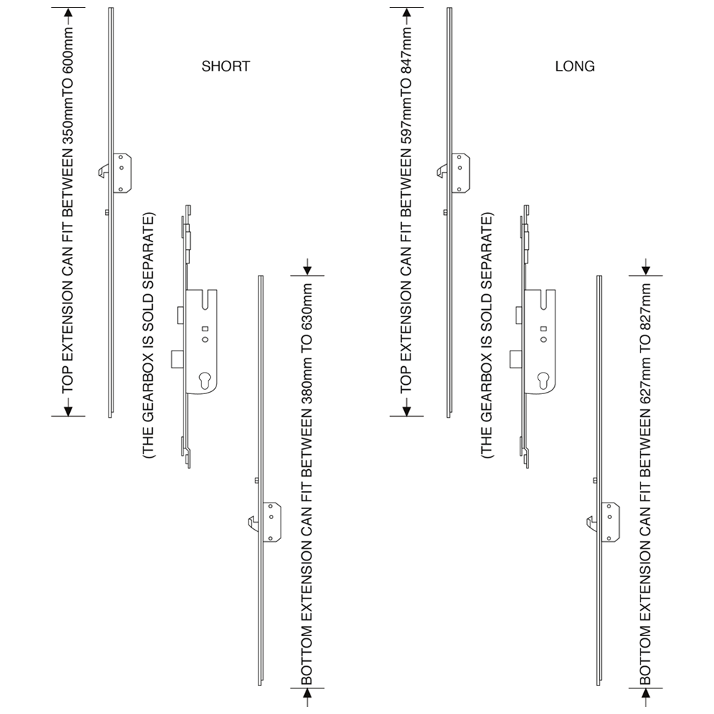 ASEC Modular Repair Lock Locking Point Extensions (UPVC Door) - 2 Hook & 2 Roller