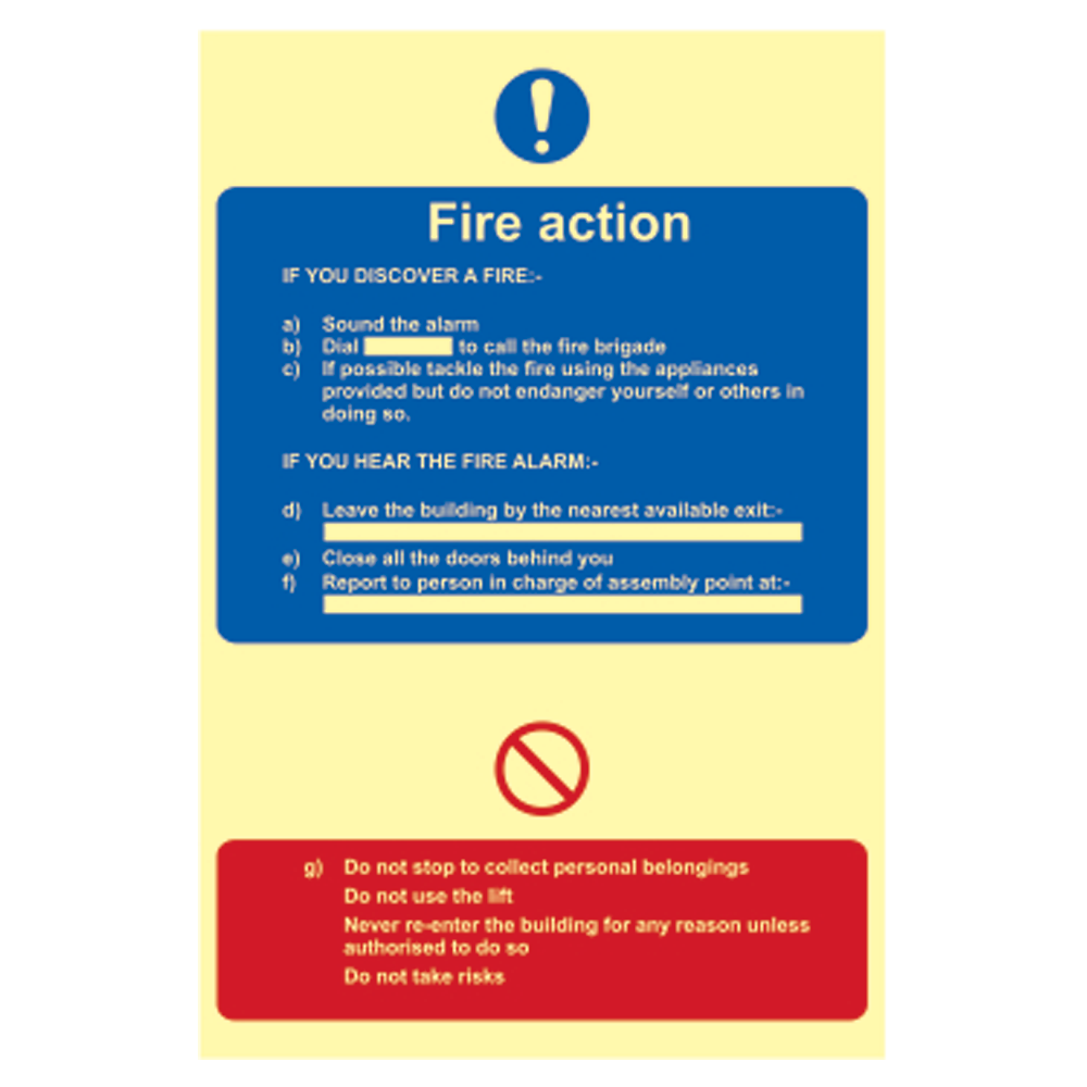 ASEC Photoluminescent Fire Action Procedure Sign 200mm x 300mm