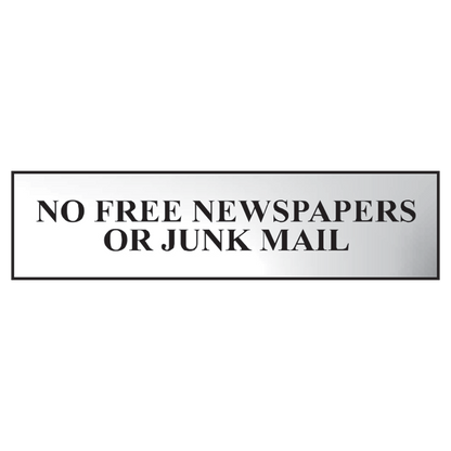 ASEC No Free Newspapers or Junk Mail 200mm x 50mm Metal Strip Self Adhesive Sign Chrome