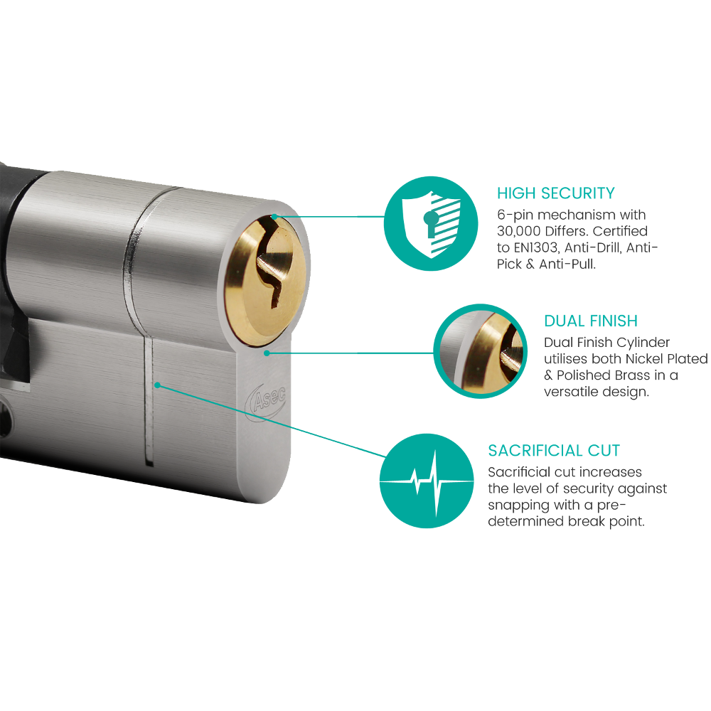 ASEC Vital 6 Pin Double Euro Dual Finish Snap Resistant Cylinder