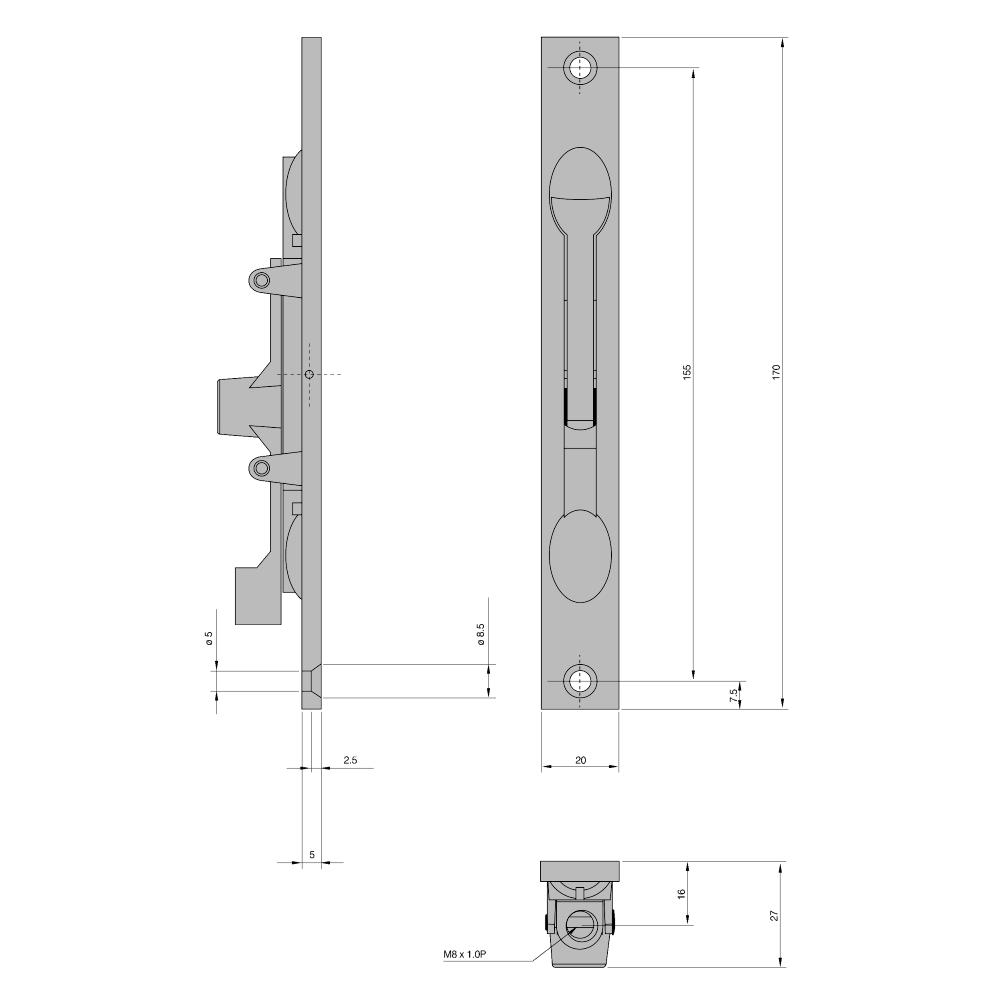 AXIM FB6401 Series Flush Bolt 20mm Wide Flat Face Silver Anodised