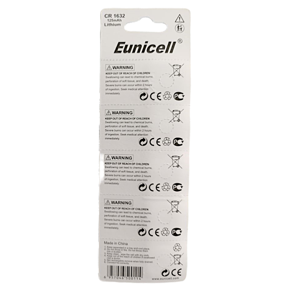 EUNICELL 3V CR1632 Button Cell Battery (5 PER CARD)