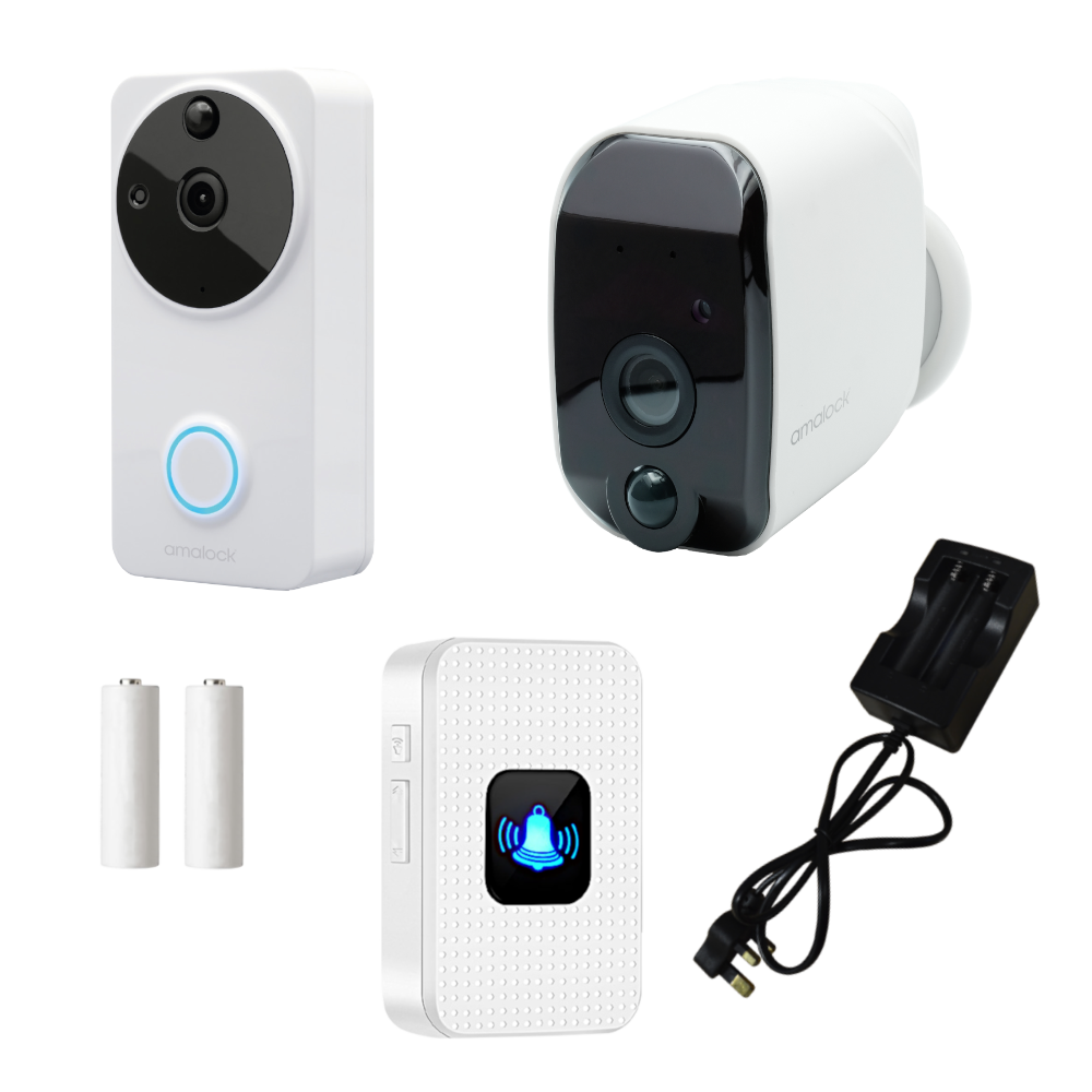 AMALOCK DB701 Wireless Doorbell & Chime Kit With 1 x White CAM200A Camera, Battery Charger And Rechargeable Batteries