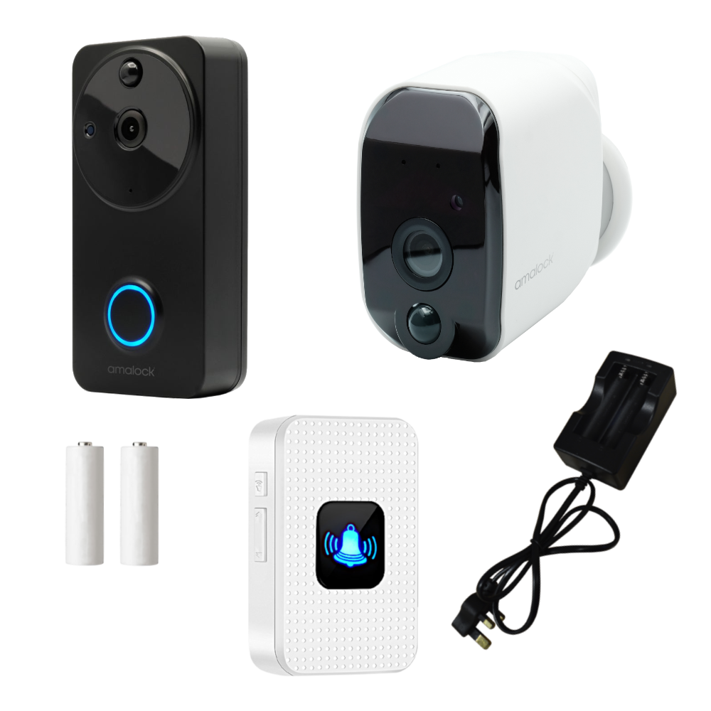 AMALOCK DB701 Wireless Doorbell & Chime Kit With 1 x White CAM200A Camera, Battery Charger And Rechargeable Batteries