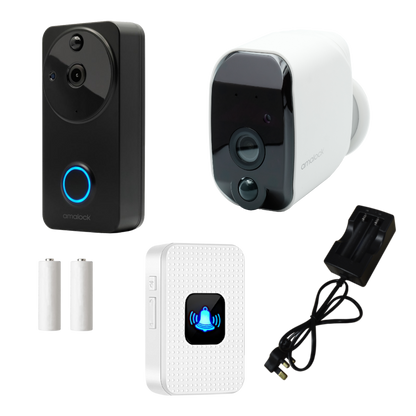 AMALOCK DB701 Wireless Doorbell & Chime Kit With 1 x White CAM200A Camera, Battery Charger And Rechargeable Batteries