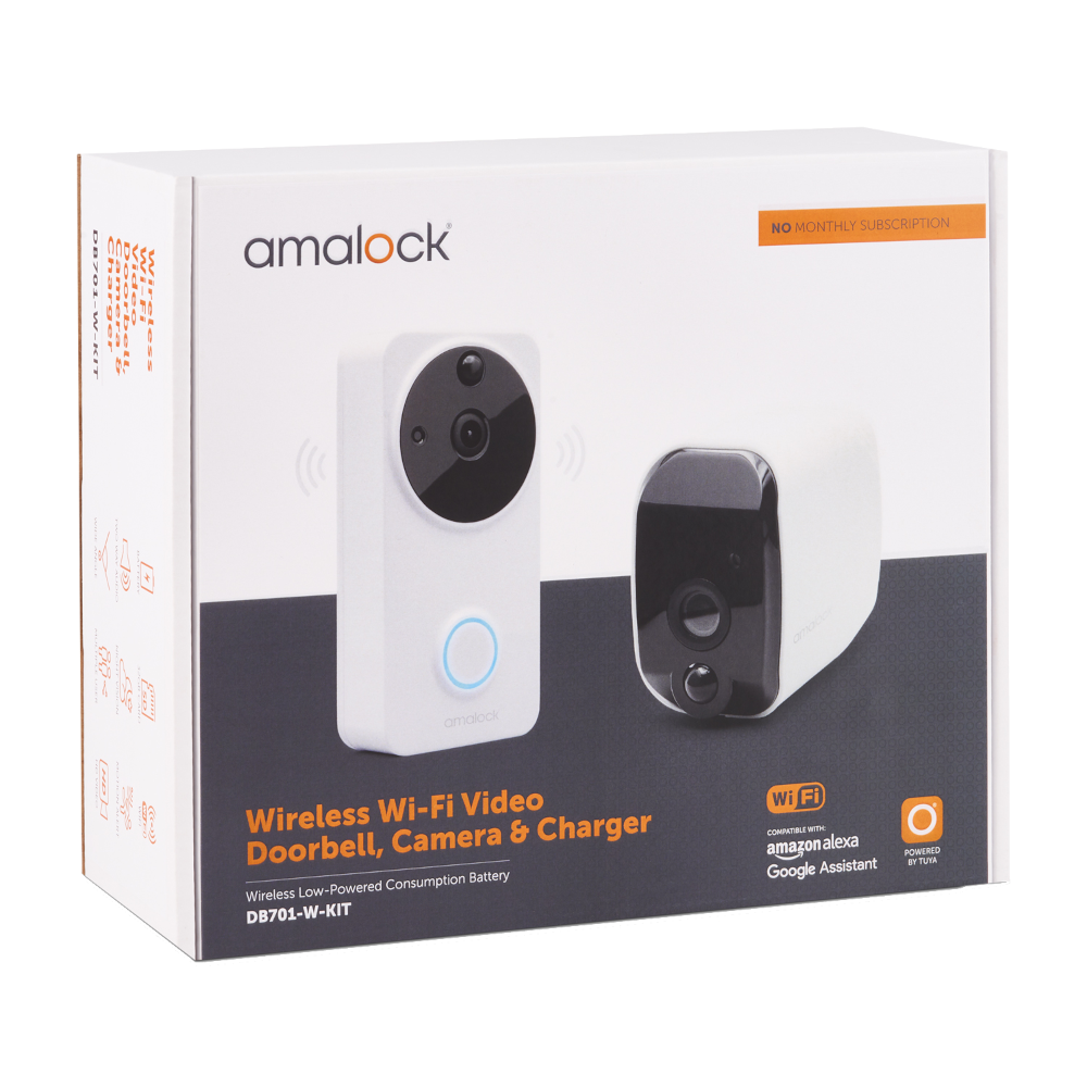 AMALOCK DB701 Wireless Doorbell & Chime Kit With 1 x White CAM200A Camera, Battery Charger And Rechargeable Batteries