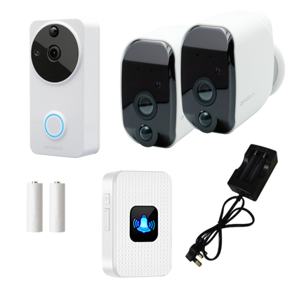 AMALOCK DB801 Wireless Doorbell & Chime Kit With 2 x White CAM200A Camera, Battery Charger And Rechargeable Batteries