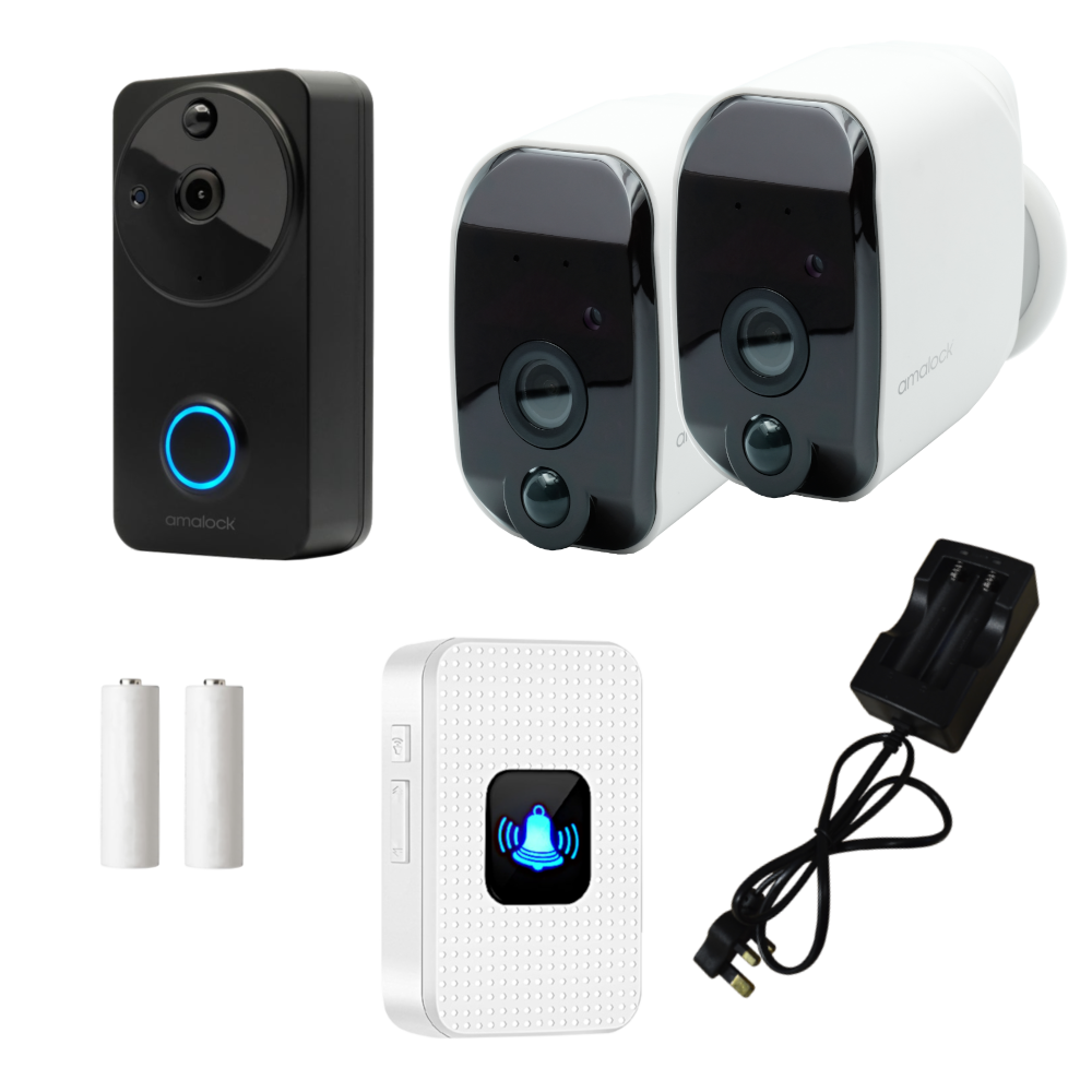 AMALOCK DB801 Wireless Doorbell & Chime Kit With 2 x White CAM200A Camera, Battery Charger And Rechargeable Batteries