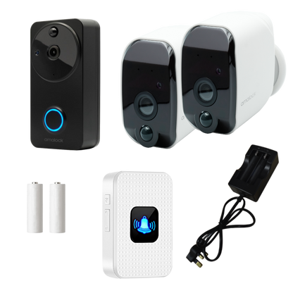 AMALOCK DB801 Wireless Doorbell & Chime Kit With 2 x White CAM200A Camera, Battery Charger And Rechargeable Batteries