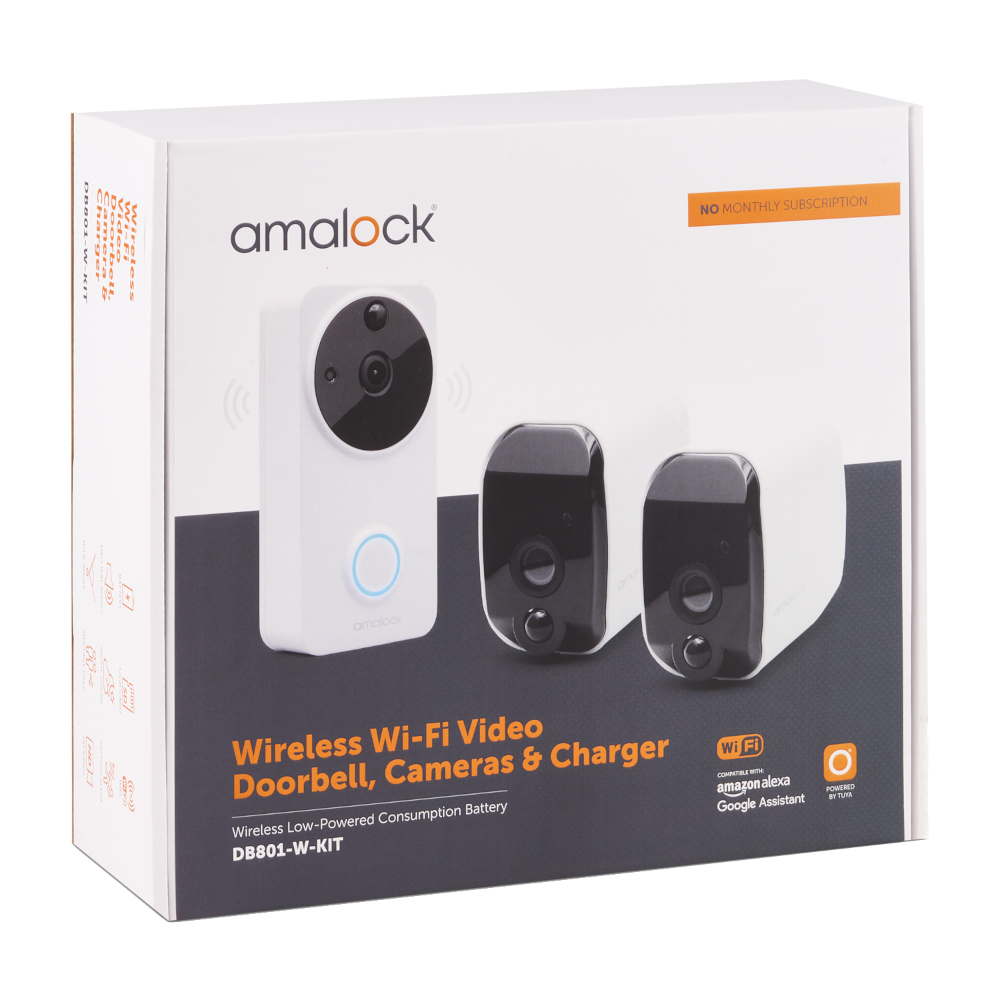 AMALOCK DB801 Wireless Doorbell & Chime Kit With 2 x White CAM200A Camera, Battery Charger And Rechargeable Batteries