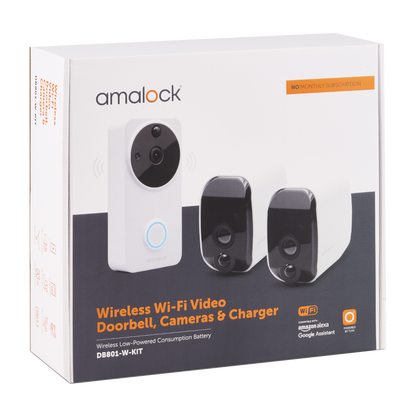 AMALOCK DB801 Wireless Doorbell & Chime Kit With 2 x White CAM200A Camera, Battery Charger And Rechargeable Batteries