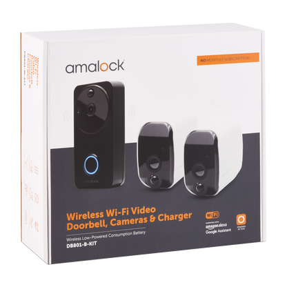 AMALOCK DB801 Wireless Doorbell & Chime Kit With 2 x White CAM200A Camera, Battery Charger And Rechargeable Batteries