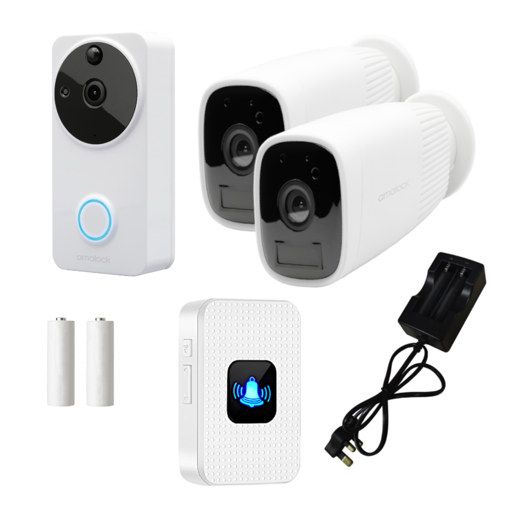 AMALOCK DB811/DB821 Wireless Doorbell & Chime Kit With 2 x CAM400 Cameras, Battery Charger And Rechargeable Batteries