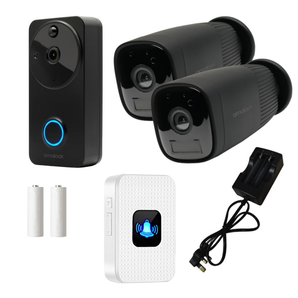 AMALOCK DB811/DB821 Wireless Doorbell & Chime Kit With 2 x CAM400 Cameras, Battery Charger And Rechargeable Batteries