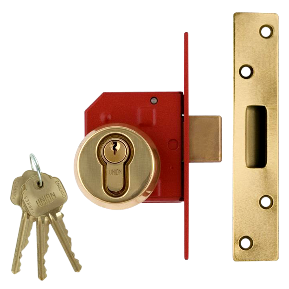 UNION 212441E Euro Deadlock 64mm Keyed To Differ - Polished Lacquered Brass