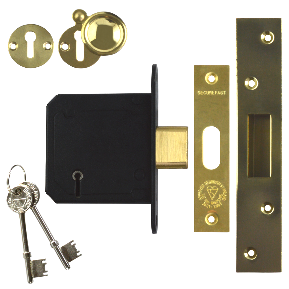 SECUREFAST SKD BS 5 Lever Deadlock 76mm Keyed To Differ - Polished Brass