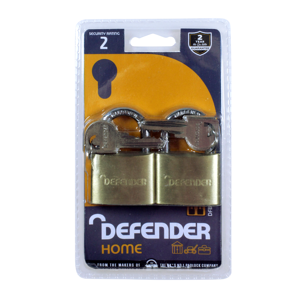 DEFENDER Brass Open Shackle Padlock 40mm Keyed Alike Twin Pack - Steel