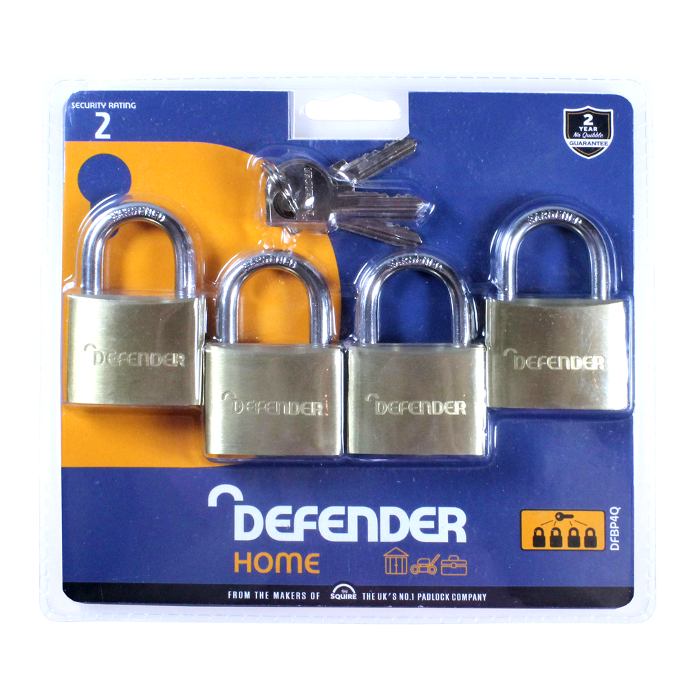 DEFENDER Brass Open Shackle Padlock 40mm Keyed Alike 4 Pack - Steel