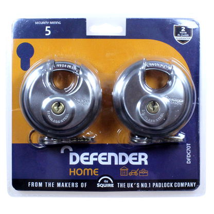 DEFENDER 70mm Discus Padlock 70mm Keyed Alike Twin Pack - Silver